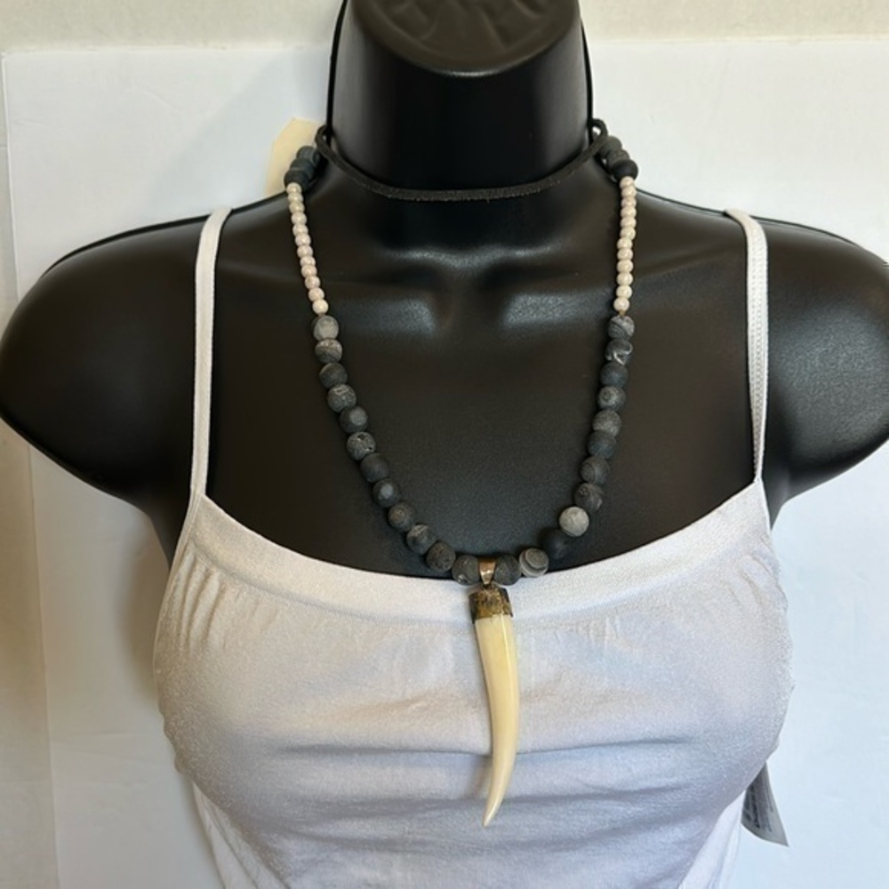Etsy handmade Bone Pendant Necklace with beading and leather EUC
